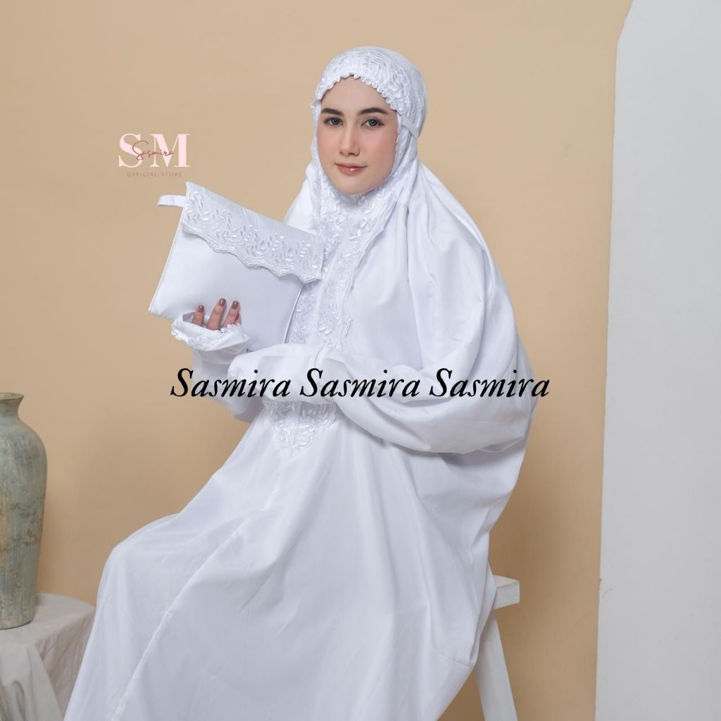 EXOGUNAR Sasmira - Mukena Dewasa Terusan Katun Premium Warna Putih Jumbo Renda Shireen