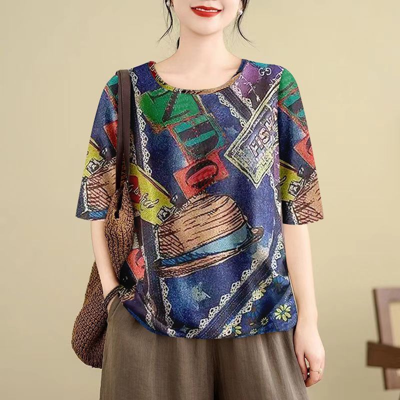 Atasan T-shirt Kerah Bulat Lengan Lima Jari Oversize Ukuran Besar Baju Ibu Model Baru