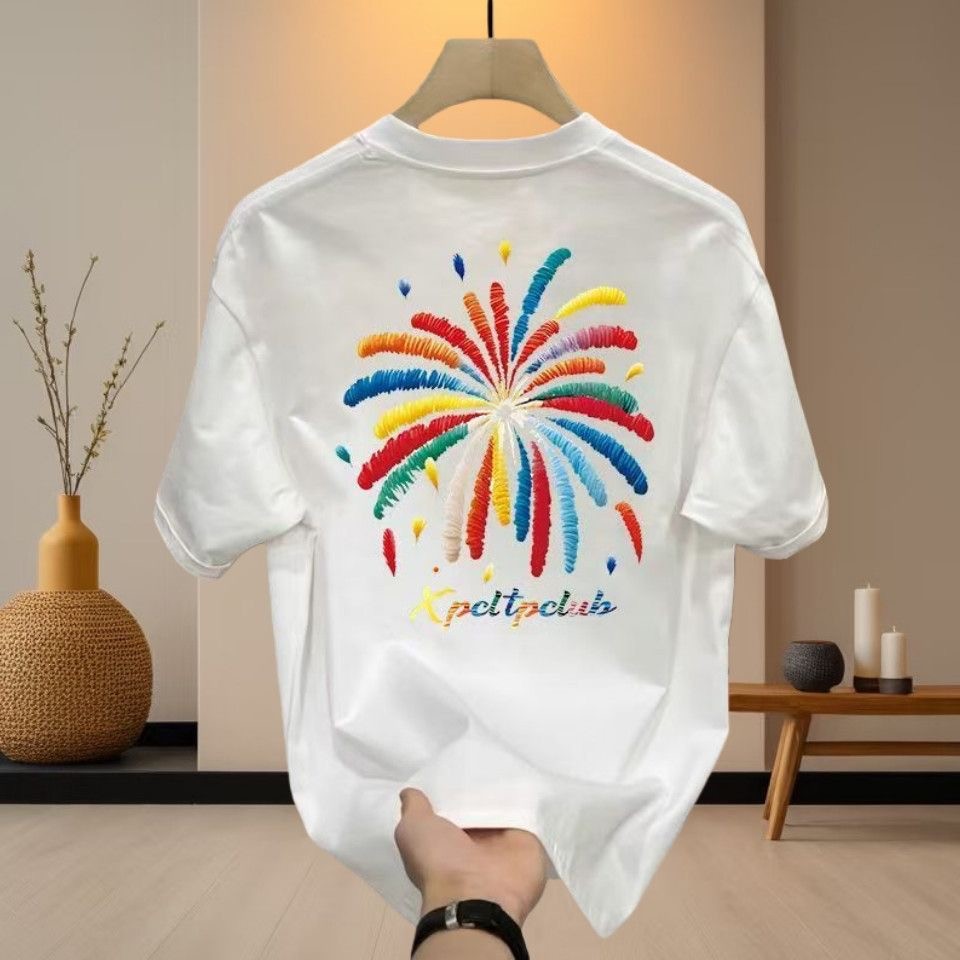 Nusa Stamp|7002 baju kaos pria American-style Ins fireworks short-sleeved pure cotton heavyweight T-