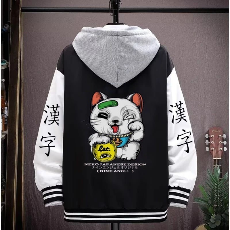 Jaket Varsity Hoodie Pria Wanita Jepang Maneki Neko Harajuku Bomber Cowok Premium