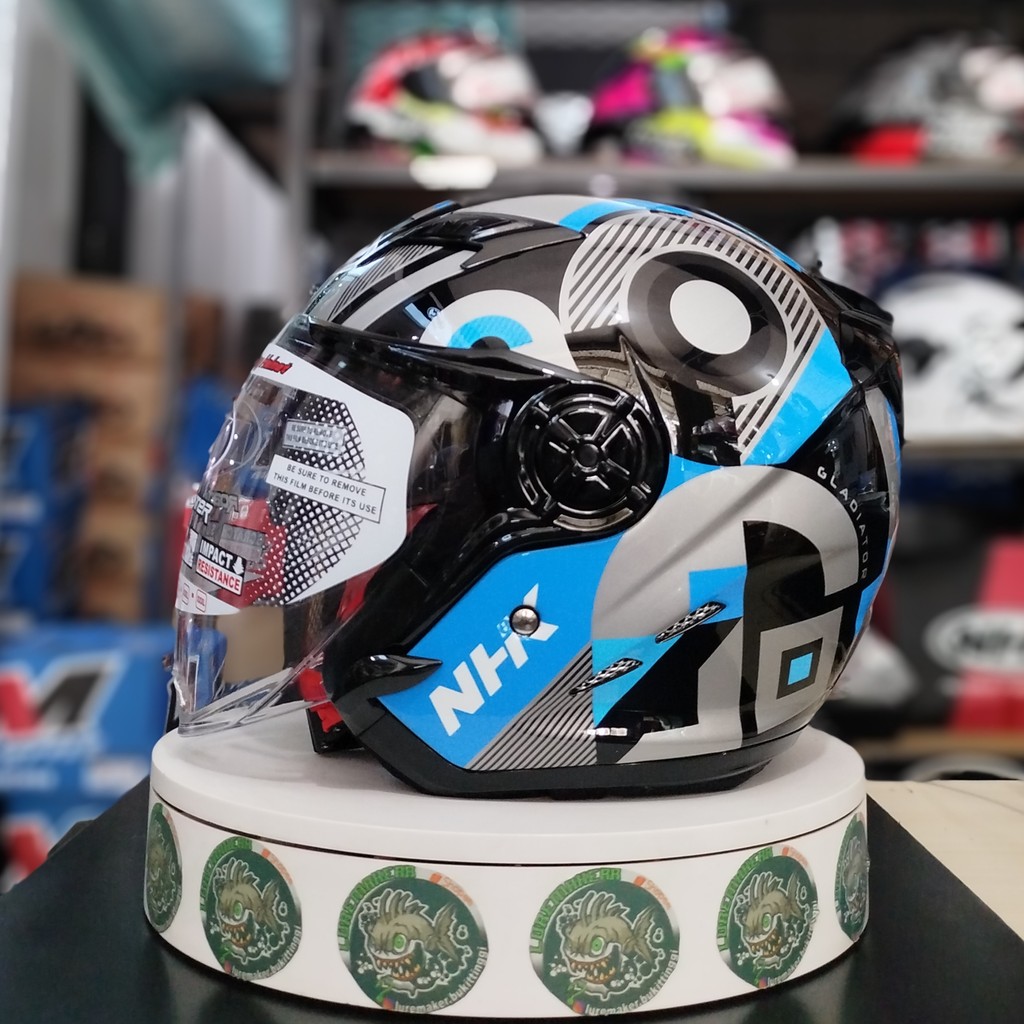 HELM NHK GLADIATOR MOTIF CIRCLE BOX BLACK BLUE DOUBLE VISOR