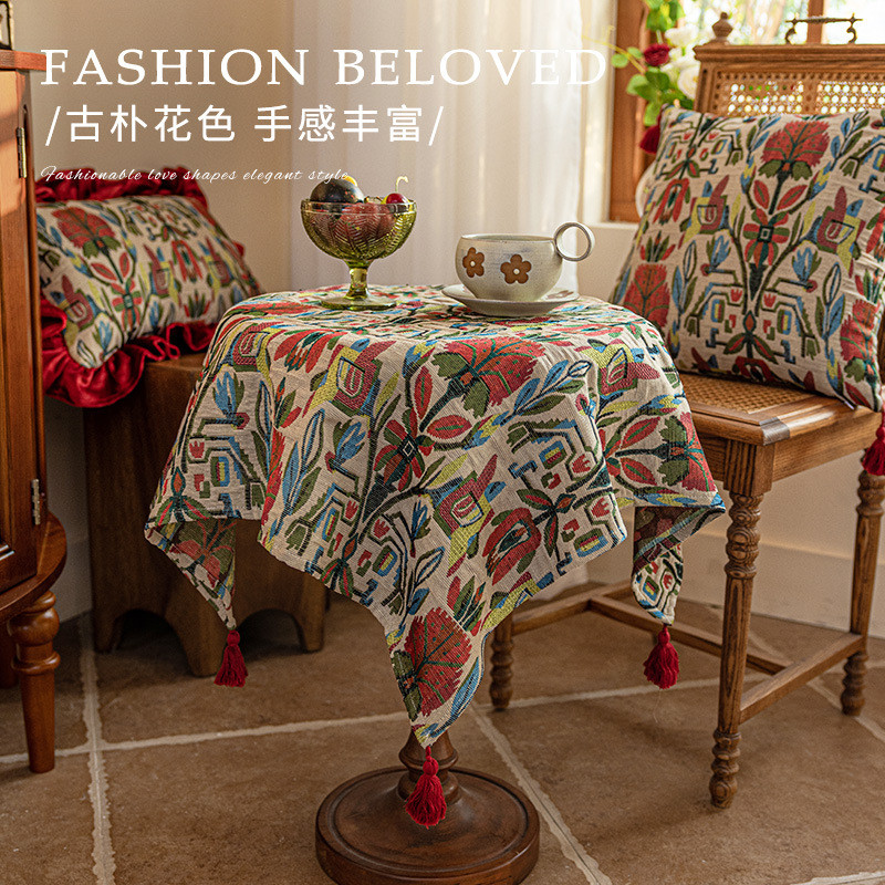 Taplak meja bundar vintage untuk ruang tamu kain anti debu mewah ringan dengan rumbai taplak meja ka