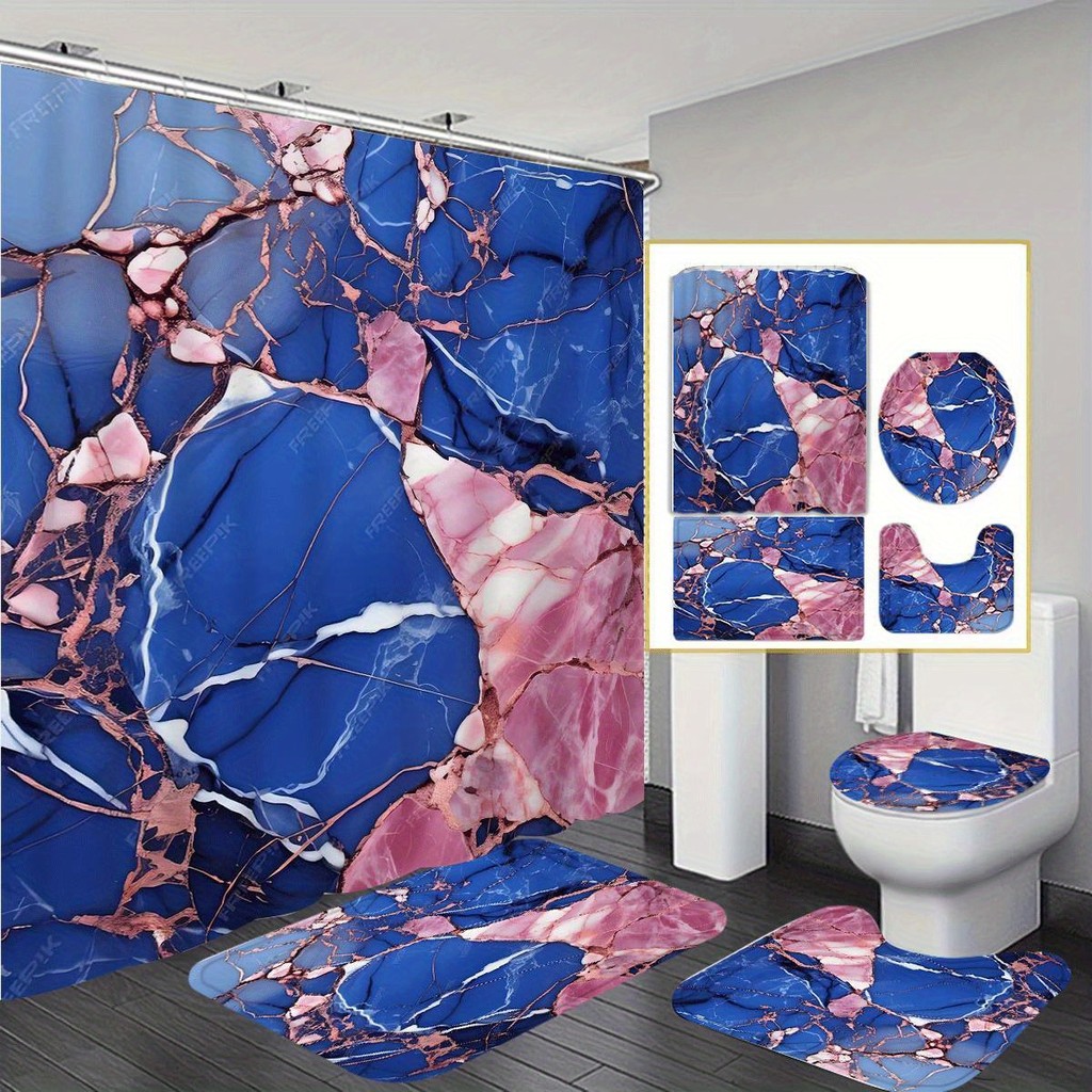 Deluxe Blue Marble Bathroom Set Waterproof Curtain, Soft Contour Carpet, Fashionable Toilet Lid, Non