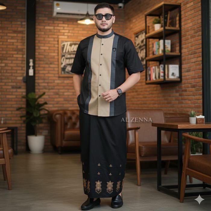 Setelan SARKO Sarung Dan Koko Lengan Pendek Motif Nuaiman Series Sarung Motif Aceh Warna Hitam Al Ze