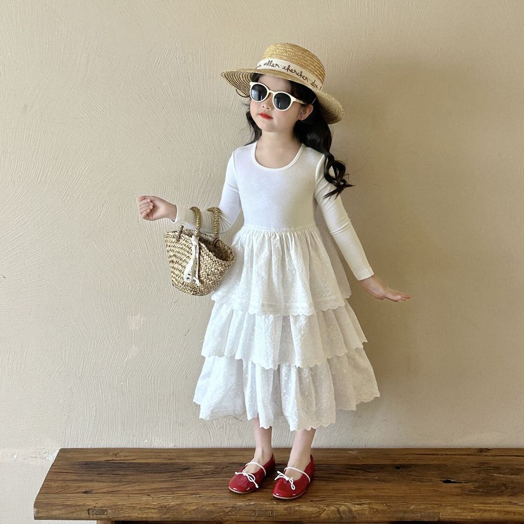 Gaun kue rajutan putih untuk anak perempuan/Gaun lengan panjang/Gaun Balet Putri