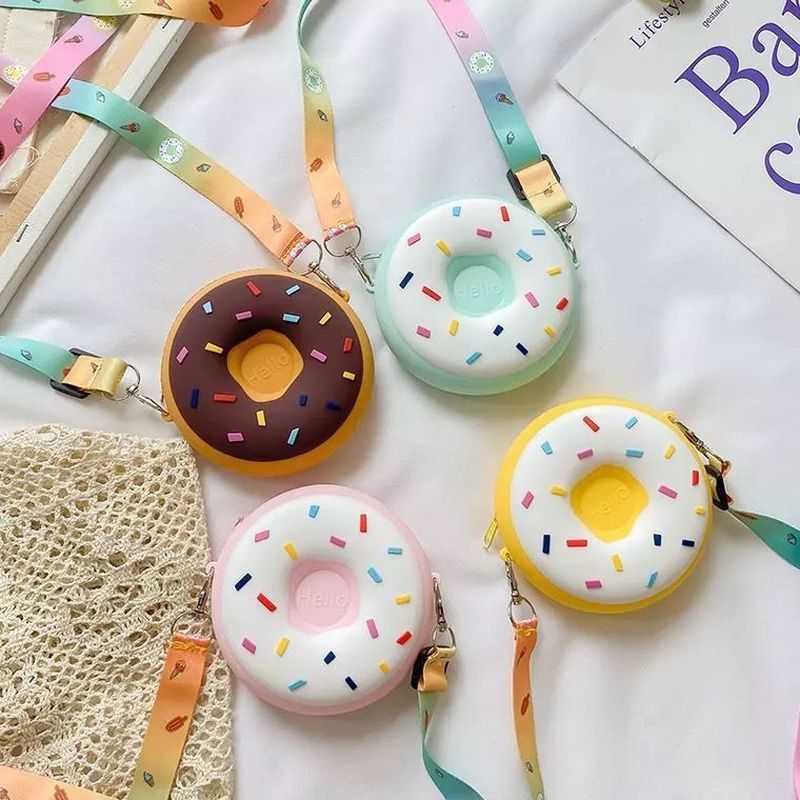 [Amy] Tas ransel gadis kecil baru, bubuk lucu, silikon donat, tas messenger lembut, dompet koin all