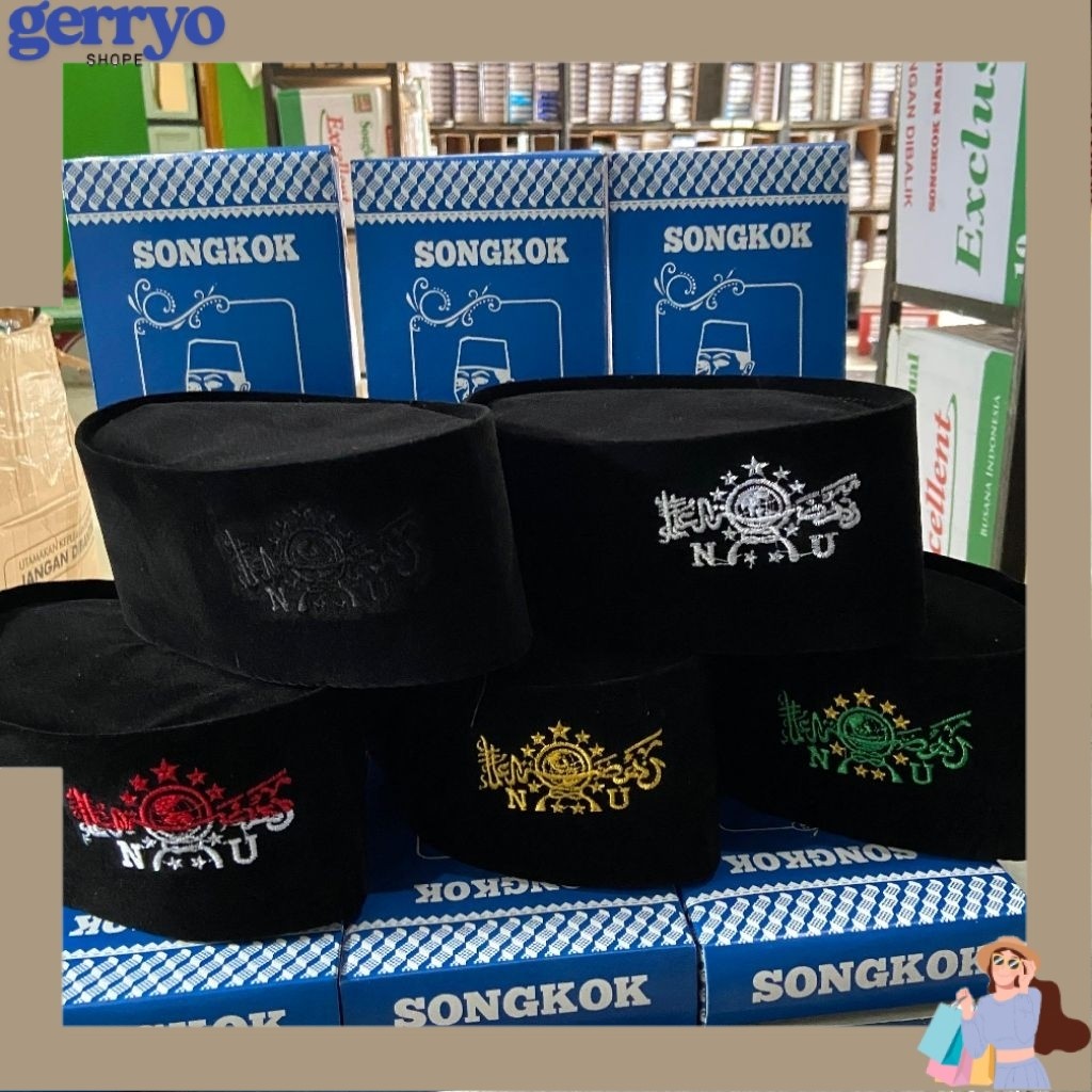 Peci NU Tinggi 9 cm Kupluk Hitam Kopyah Logo Bordir Hijau Kuning Emas Merah Putih