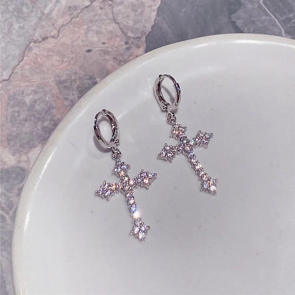 JWER Vintage Shine Crystal Zircon Cross Drop Earring For Women Girl Fashion Rhinestone Sword Earring