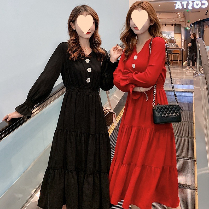 Gaun Wanita Gaya Prancis Musim Gugur Dingin Terbaru Warna Merah Anggur Lengan Panjang Ikat Pinggang 