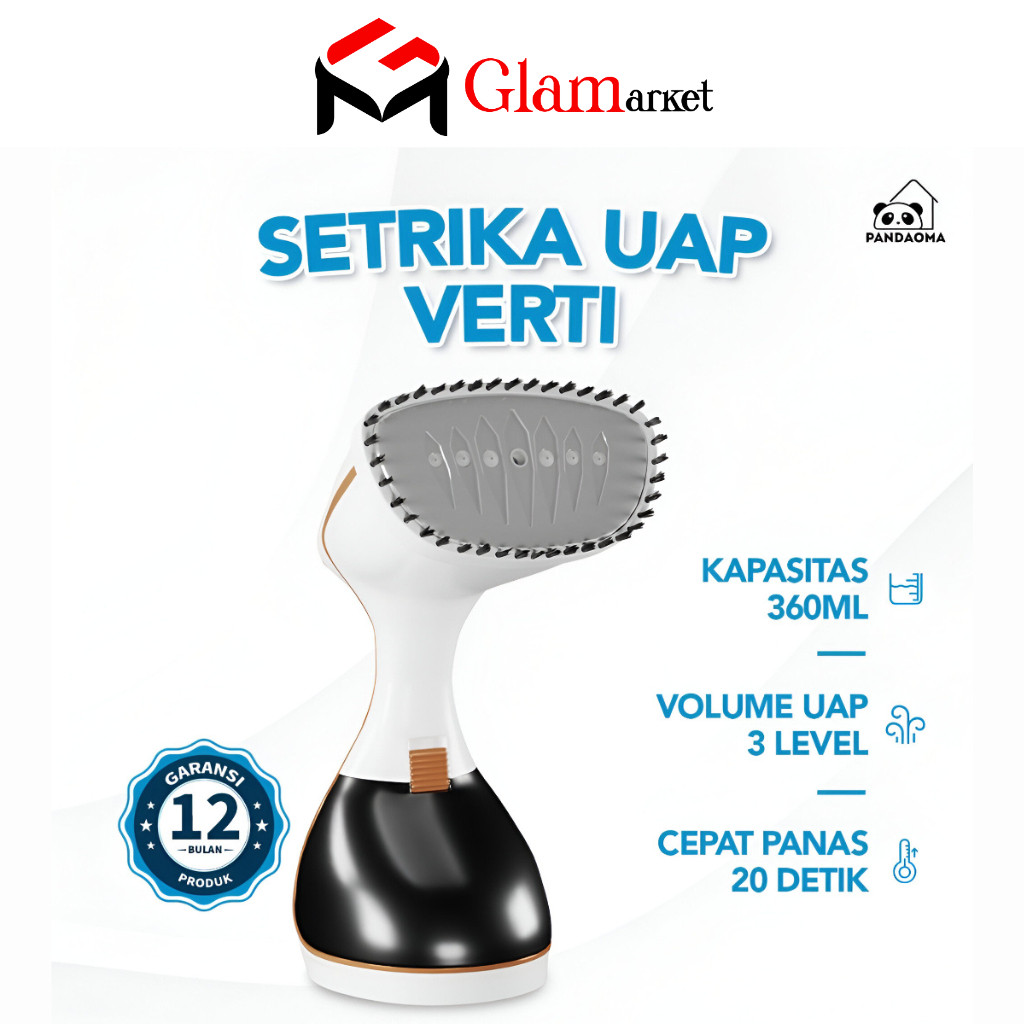 GLAM - PANDAOMA Setrika Uap Verti - Setrika Kapasitas Besar 360ml - Mode Uap 3 Level - Setrika Porta