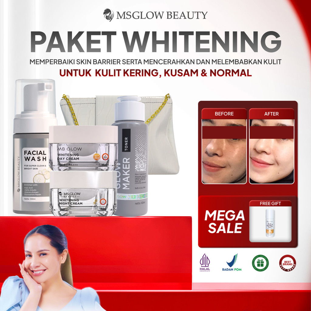 MS GLOW - Paket Beauty Whitening Skincare 1 Set Lengkap Mencerahkan Wajah Bonus Dte Pouch Original