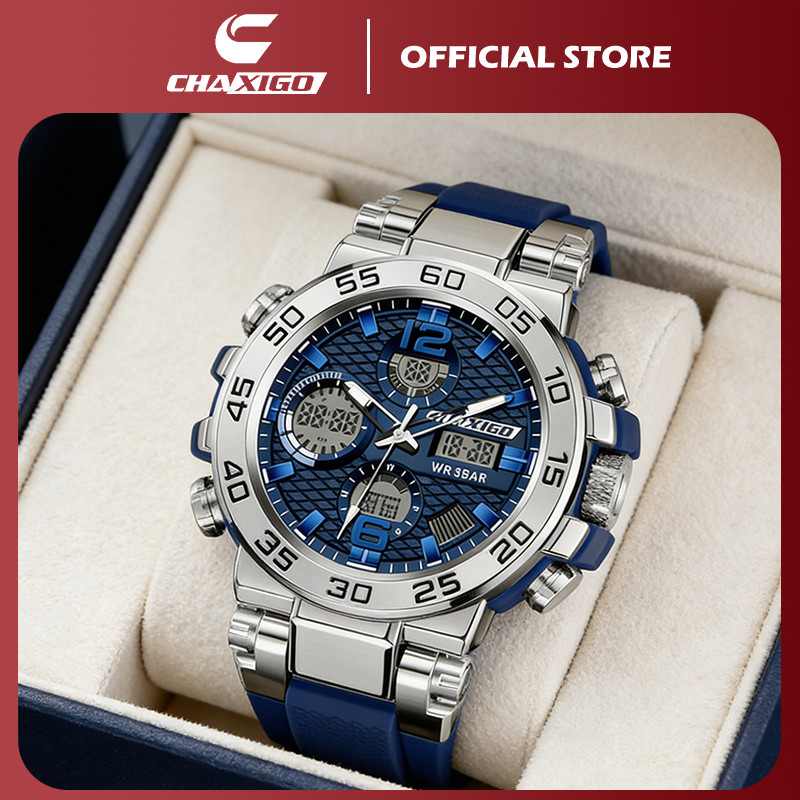 CHAXIGO Jam Tangan Pria Bisnis Analog Digital Dial Besar Fashion Tahan Air Elektronik Jam Tangan Ola