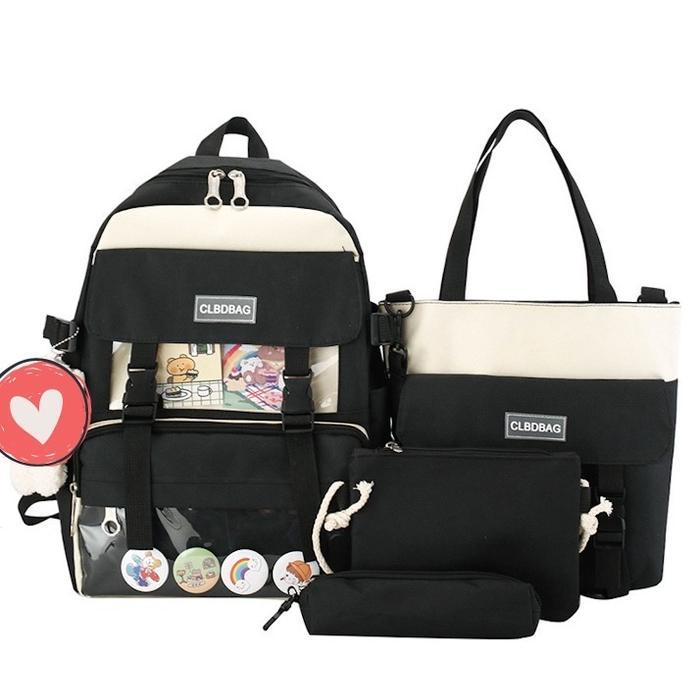 New Collection TAS RANSEL SEKOLAH ANAK perempuan Backpack Korea set 4 ORI D Fashion Bag - HITAM