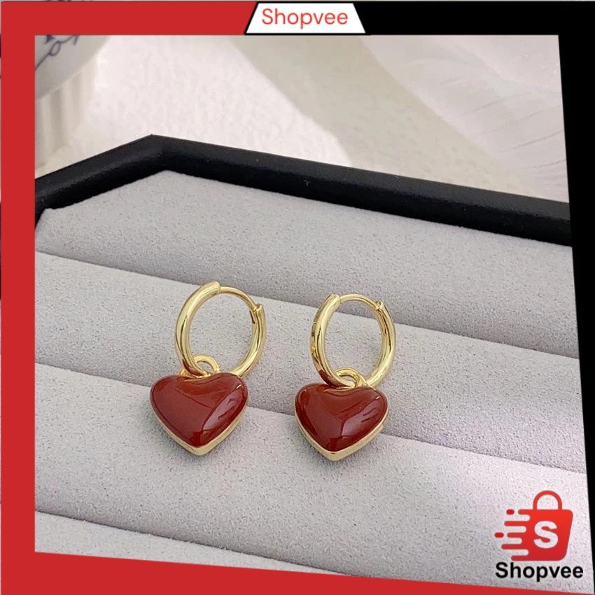 Shopvee Anting Wanita Korea Warna Merah Bentuk Hati Aksesoris Perhiasan Fashion Wanita Y4002