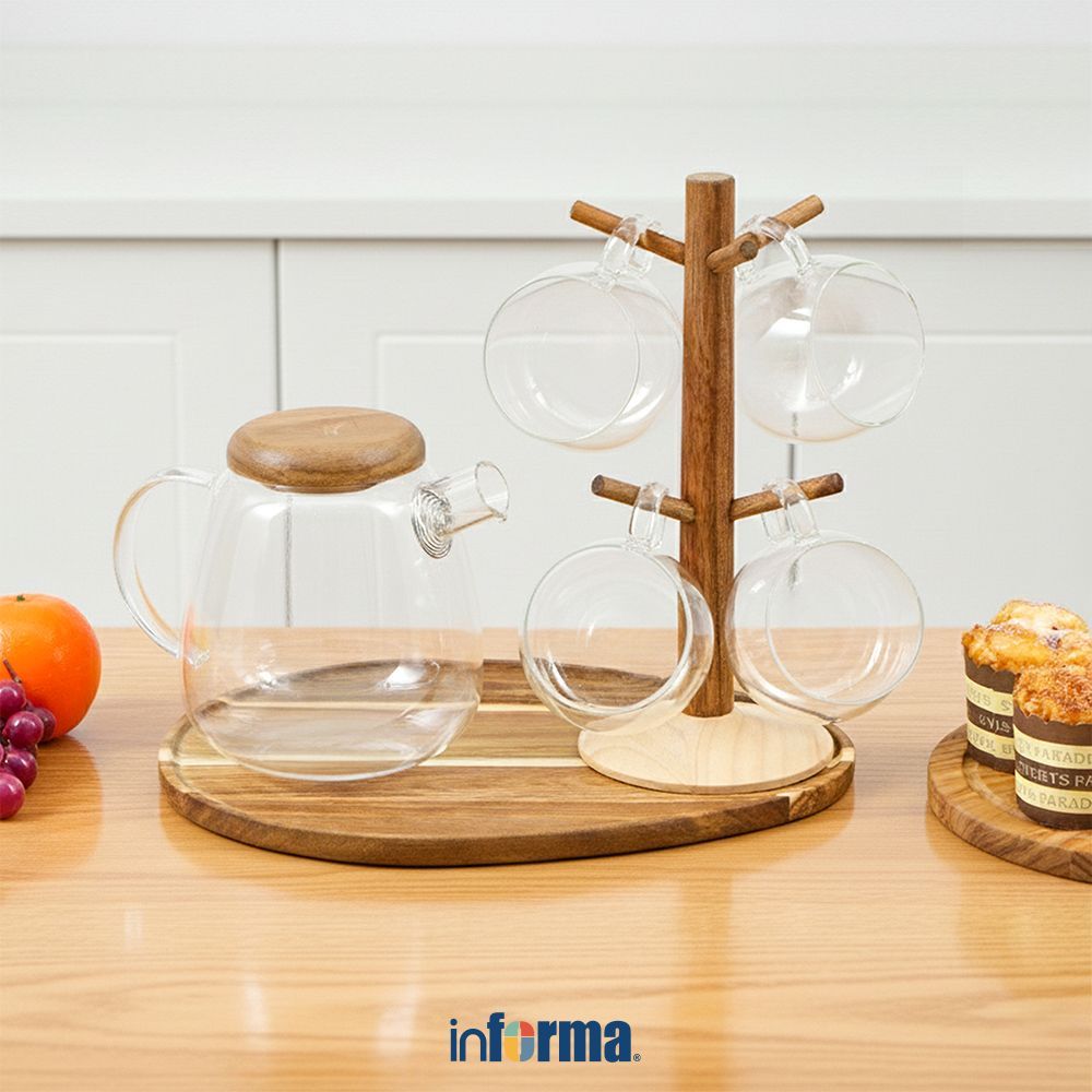 Informa Appetite 1.8 ltr Jesy Set 5 Pcs Teko Minum & Gelas Kaca Dengan Rak - Cokelat Set Water Jug W