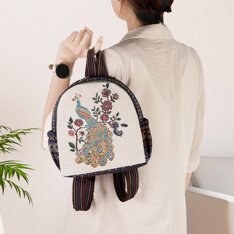 Ethnic style embroidered jacquard mini canvas backpack