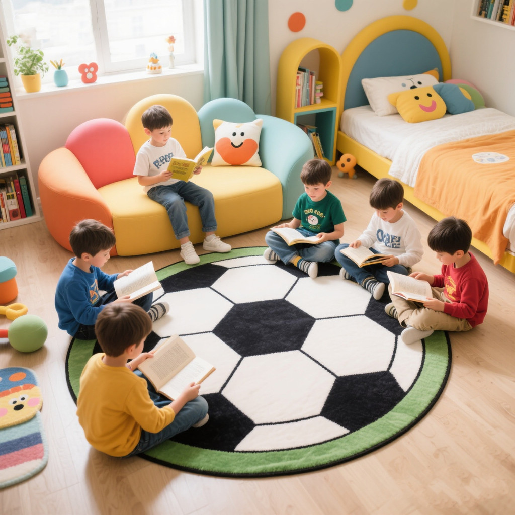 Karpet Bulat Kamar Anak Laki-laki Sepak Bola Area Membaca Karpet Permainan Meja Kursi Komputer Mat L