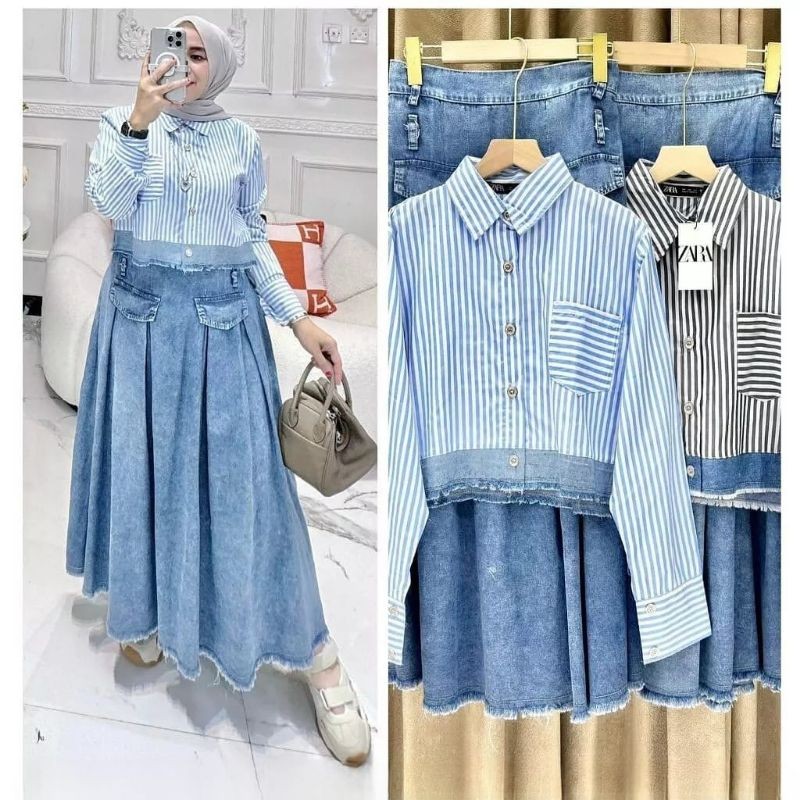 2.2 DISKON ONE SET ROK JEANS MIX KATUN || Busana Muslim Set Tunik Busui katun Kimy -Harga Grosir