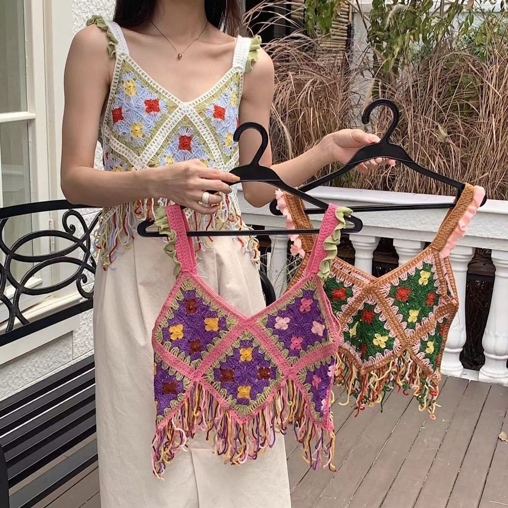 Blus pendek suspender berumbai rompi rajutan gaya etnik Bohemian