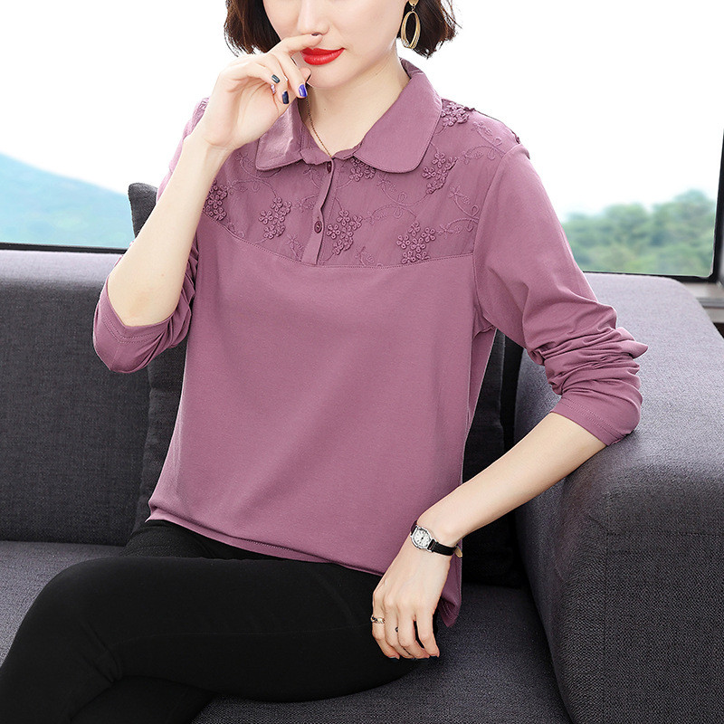 Lengan panjang katun murni wanita T Kemeja berkerah bergaya baru untuk ibu paruh baya dan lanjut usi