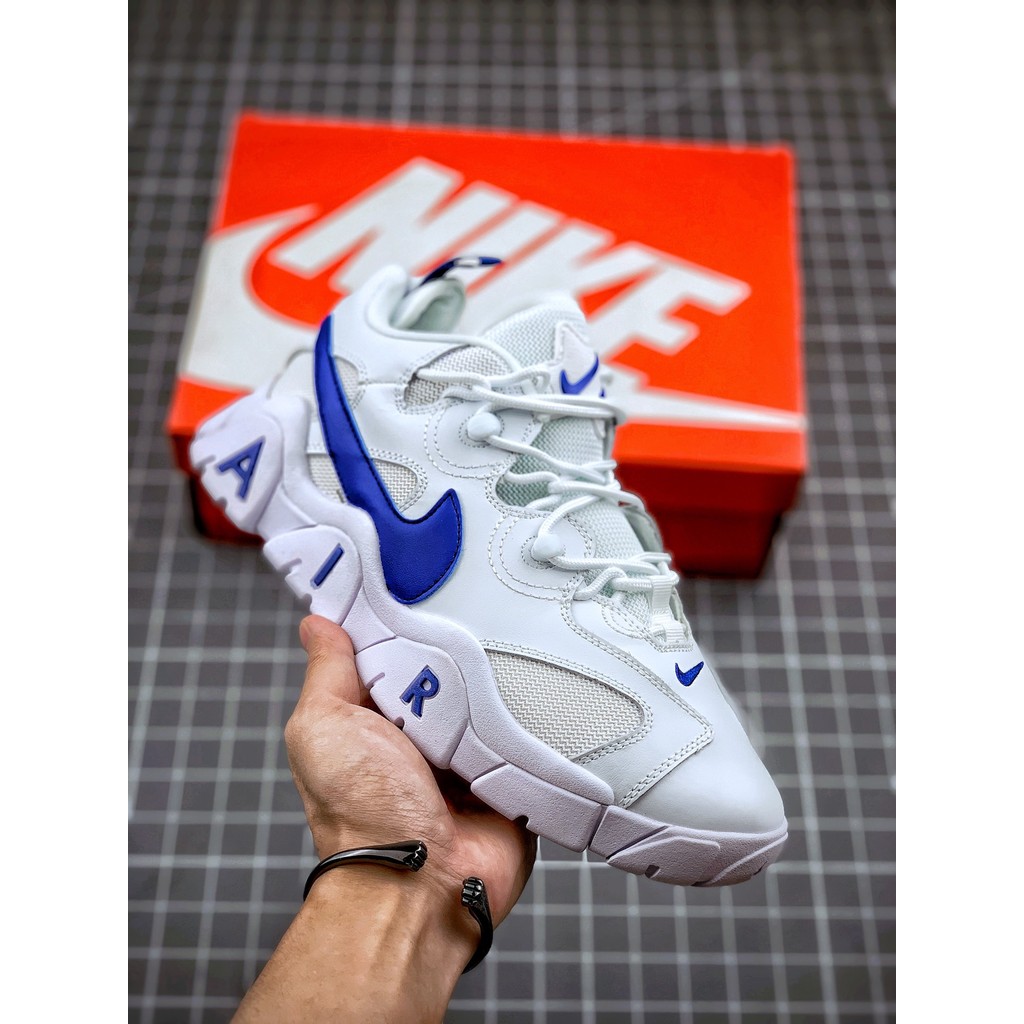 Sepatu Basket Retro Nike Air Barrage Low Putih Biru Klasik 90s Swoosh Besar Mid Top Streetwear