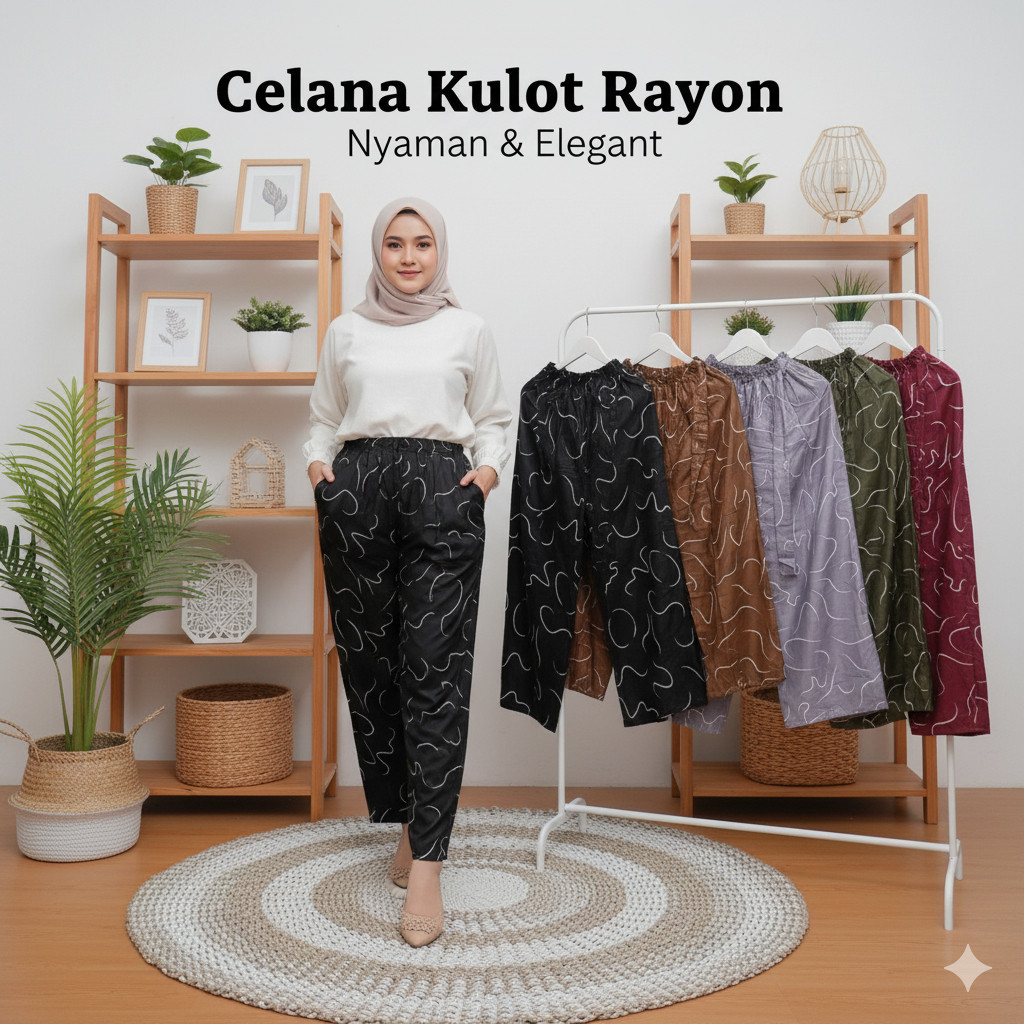 Celana Kulot Panjang Wanita Rayon – Motif Garis Kekinian Adem & Nyaman