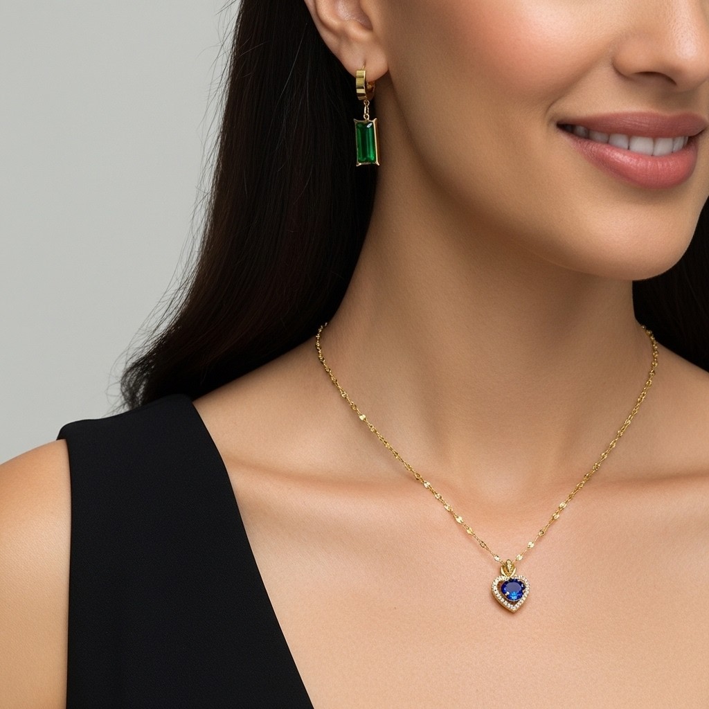 Kalung Love Biru Permata Ishana Dan Anting Jepit Batu Hijau Elegan Bahan Titanium Mewah Awandini Jew