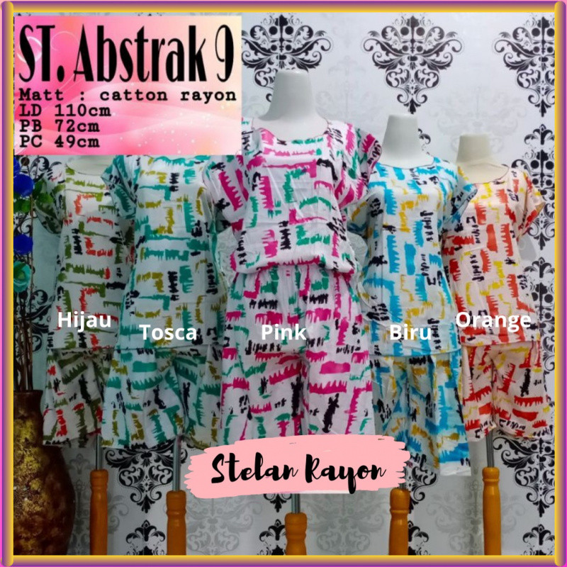 Stelan One set Rayon Abstrak Kain Adem Baju Wanita