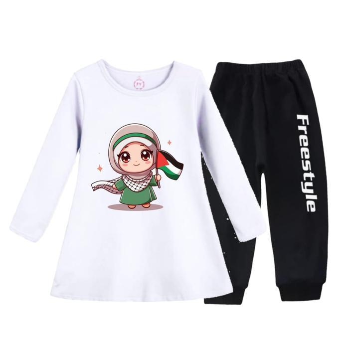 Tunik Anak Set Muslim Anak Perempuan Dress Lengan Panjang Palestina - Putih, 2