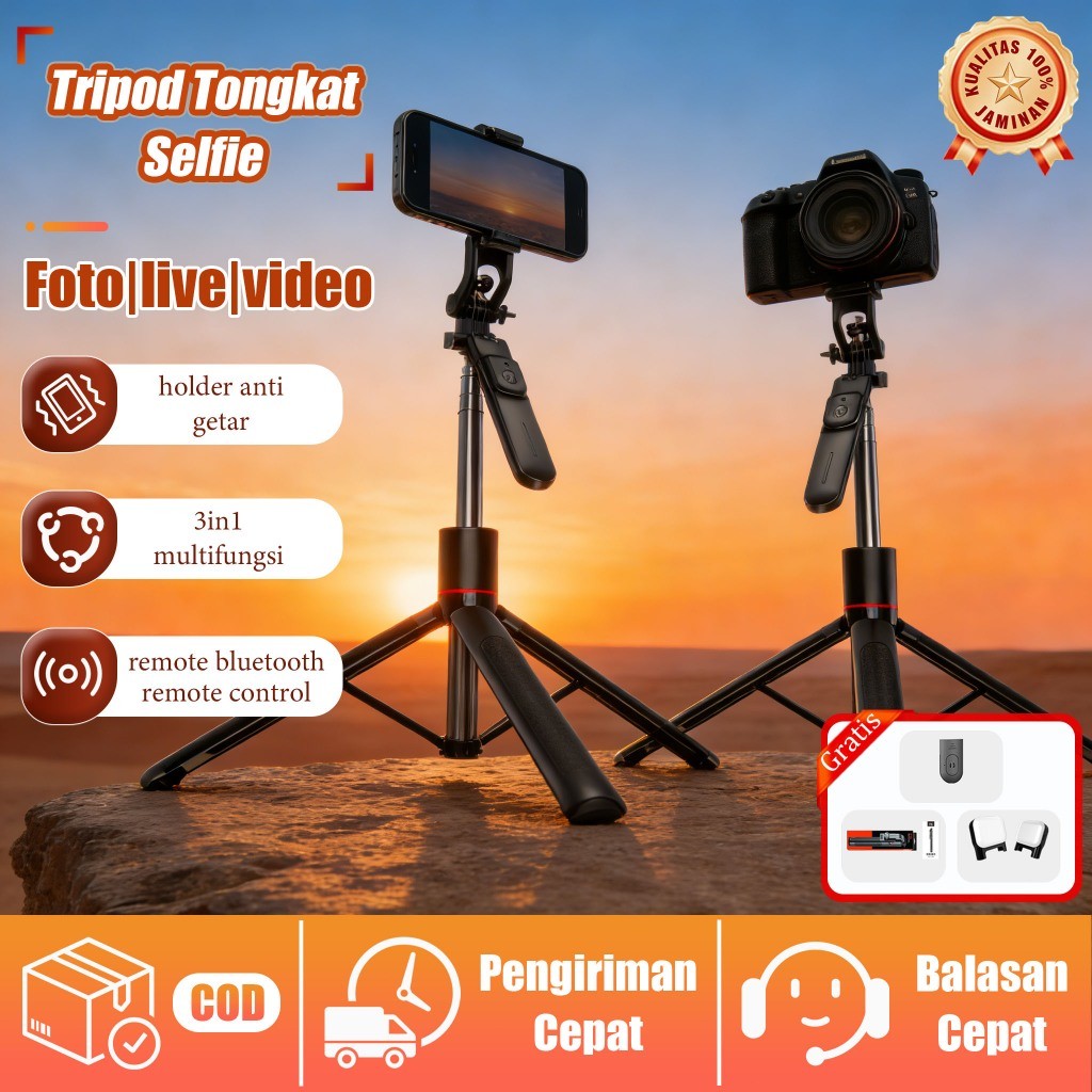 (prepet store) [COD]Portabel Bluetooth Selfie Stick Tripod,170CM,Bluetooth Remote Tongsis Dengan 1/4