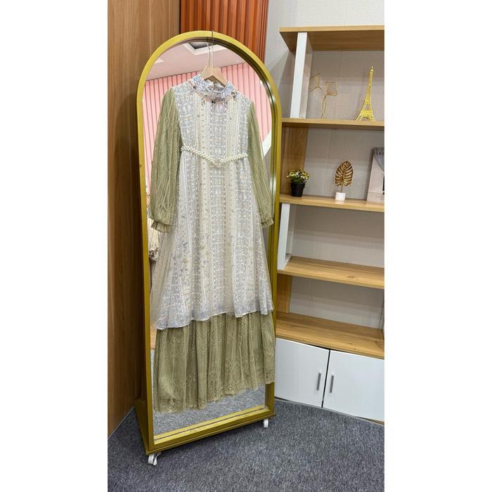 Fatunhijabs - Kiandraa Dress Tulle Gliter - Free Belt Gamis Wanita Muslim Kondangan - WHITE LIME 01