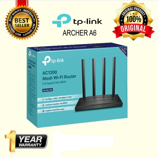 TP-LINK Archer A6 AC1200 Wireless MU-MIMO Gigabit Router Router Wifi Internet Murah Original Garansi