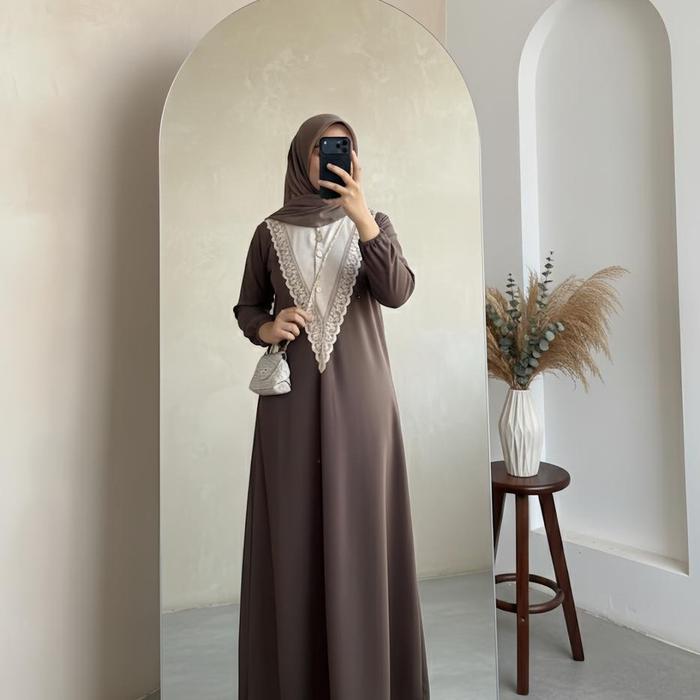 Bianca dress knit | gamis knit premium | gamis renda knit | gamis knit wanita - mahogany