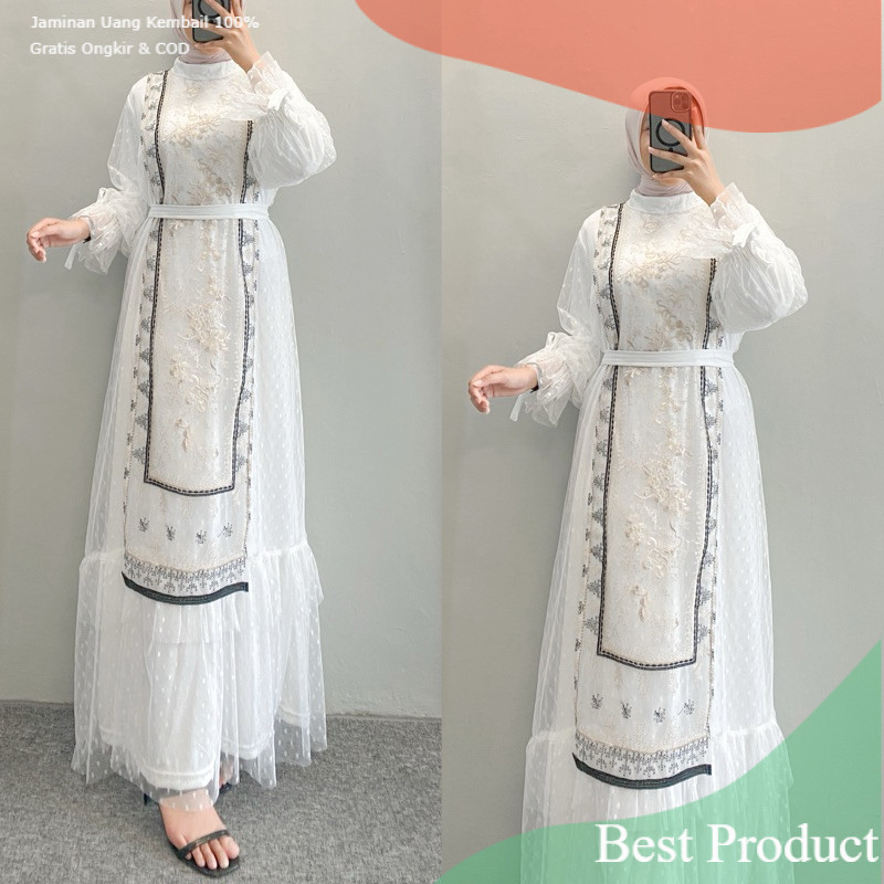 Dress / Gamis kondangan Bahan Brukat Tile Bunga Bordir Gamis putih Kasual Kondangan Wisuda Kekinian 