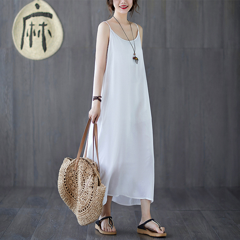 Gaun suspender wanita berbahan katun dan linen Kaos dalam yang dapat menyerap keringat dengan rok pa