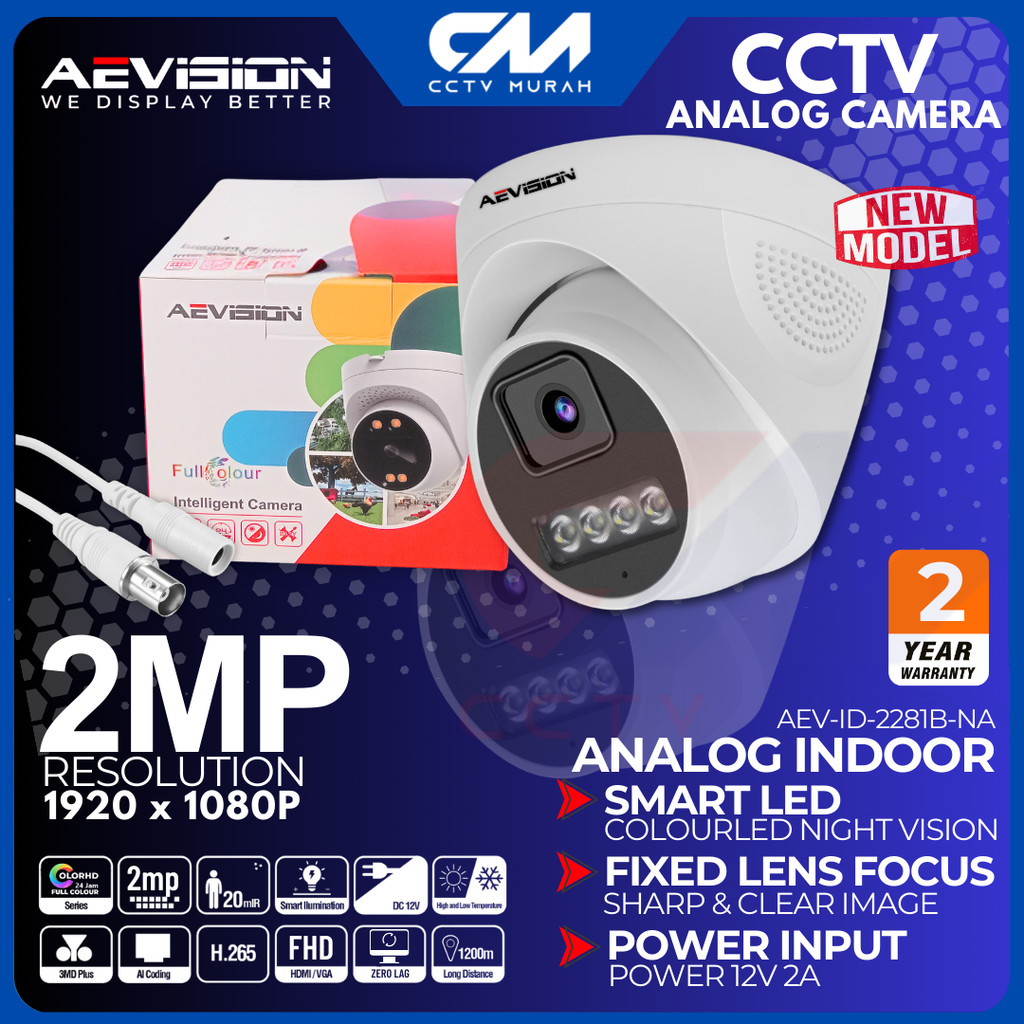 KAMERA CCTV AEVISION ANALOG 2MP INDOOR COLORVUE, RESOLUSI 1080 FULL HD, FULL COLOR SIANG & MALAM