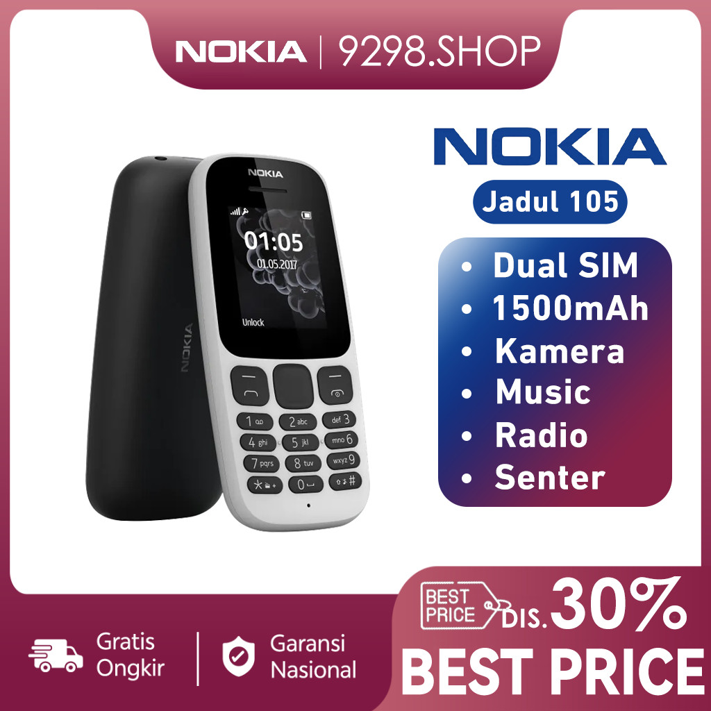 Nokia 105 2017 TA-1174 HP Jadul Dual SIM Bahasa Indonesia Radio Senter Baru Garansi Toko