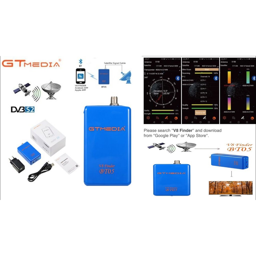 GTmea V8 Finder BT05 1080p h.264 for android phone&IOS DVB-S2 satellite meter Blueteeth BT Sat-Finde