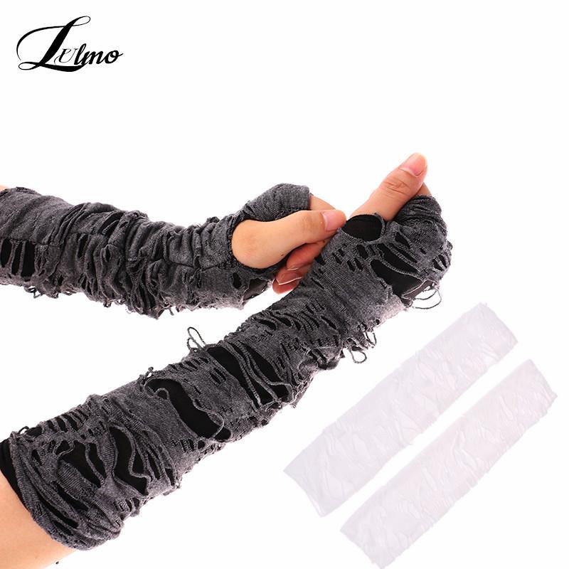 Casaul Broken Slit Gloves Sexy Gothic Fingerless Gloves Halloween Gloves Black Ripped Holes Decor Co