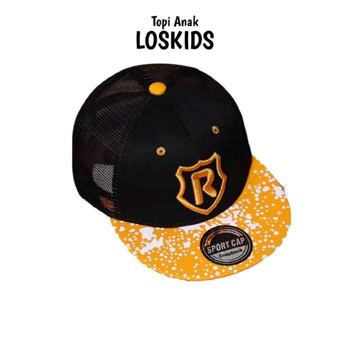 Topi Anak Hiphop atau Snapback Topi Jaring Logo R Buat Anak Usia 2 sampe 10 Tahun Hitam Kombinasi Ku