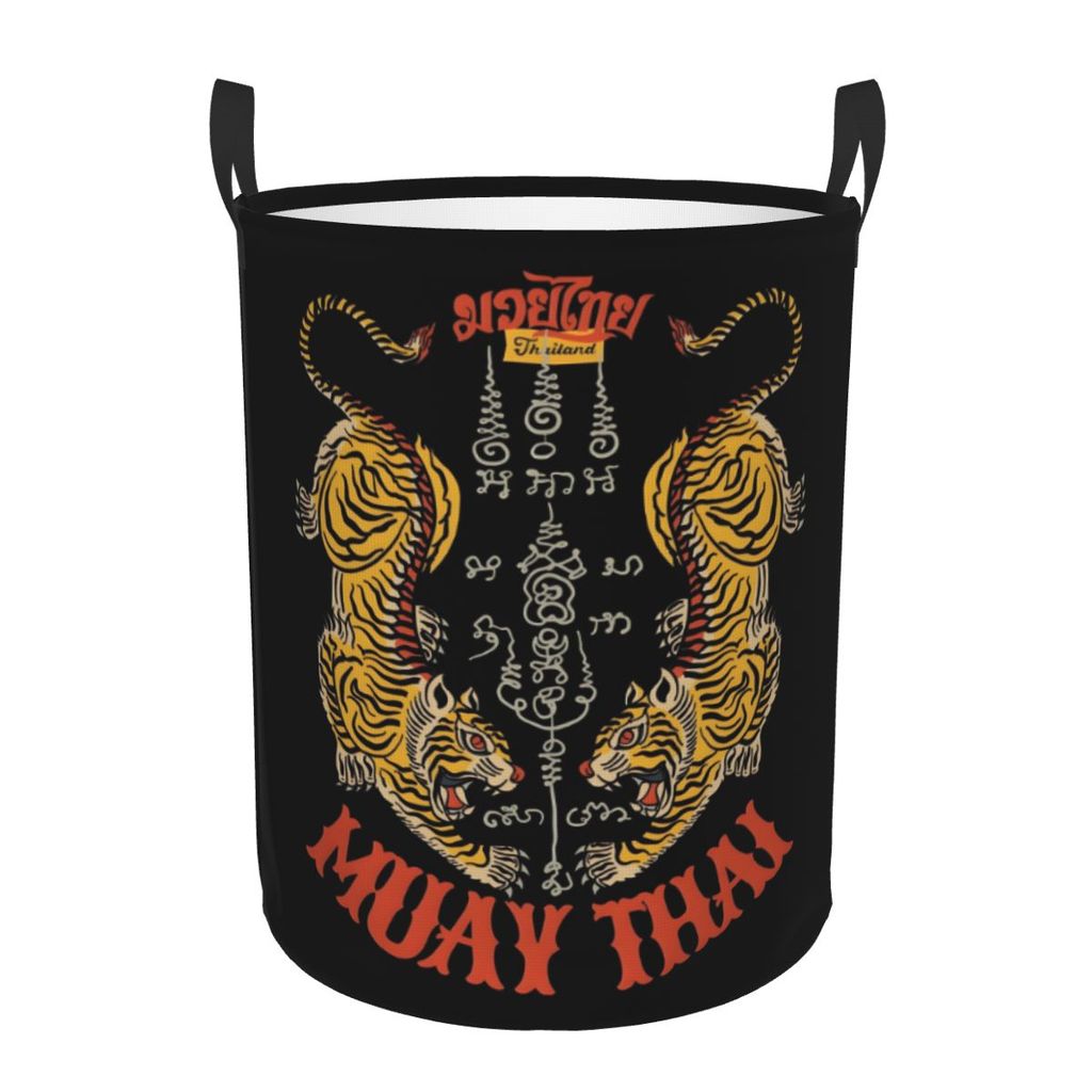Custom Thailand Muay Thai Laundry Basket Foldable Tiger Tattoo Sak Yant Clothes Toy Hamper Storage B