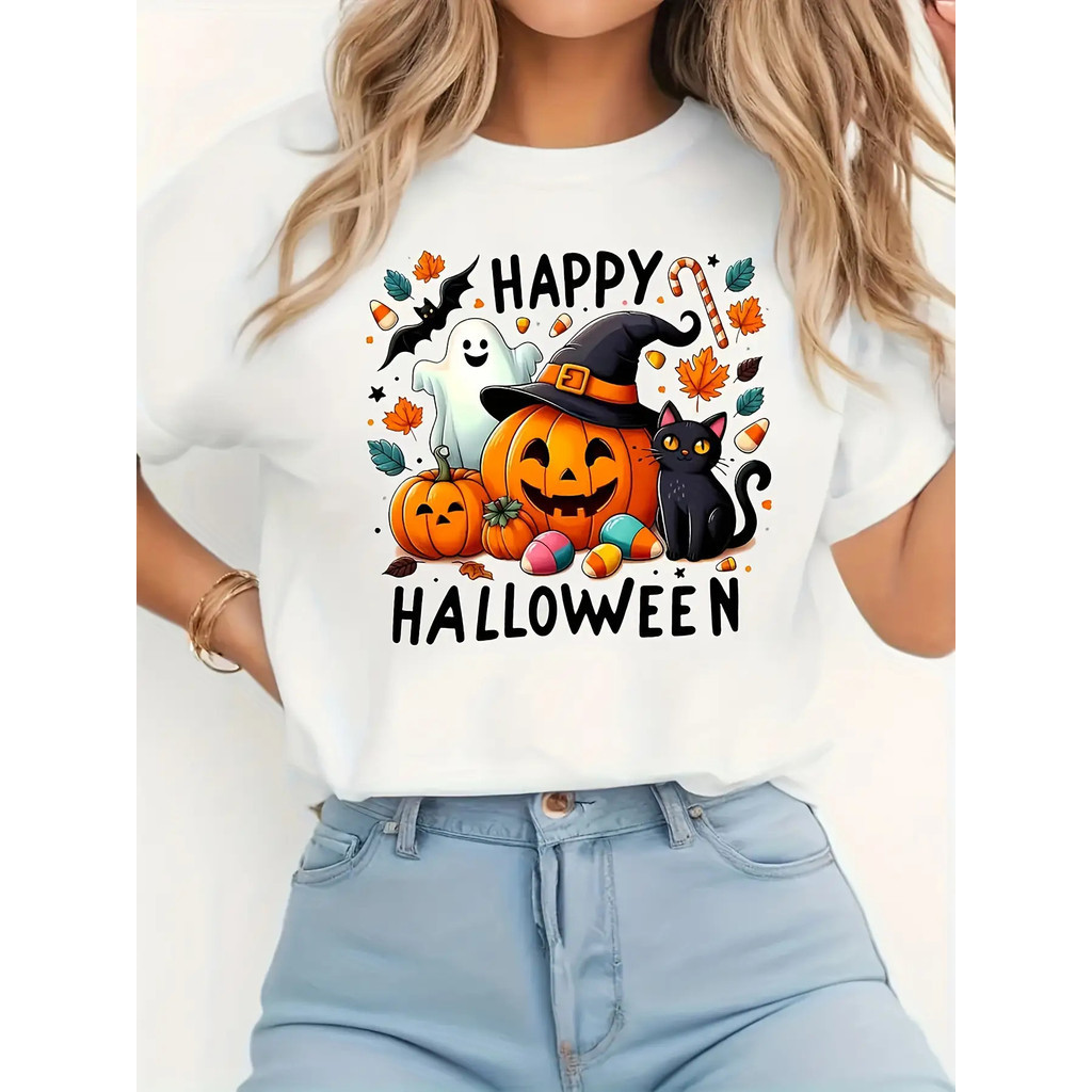 Kaos Pesta Halloween Wanita - Labu, Hantu, Kucing Hitam & Kelelawar - Kaos Grafis Elastis / Elastane