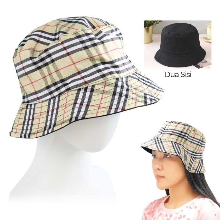 Topi Bucket Hat Motif Tartan Bolak Balik Pria Wanita Reversible Topi Fashion Katun Poliester Unisex 