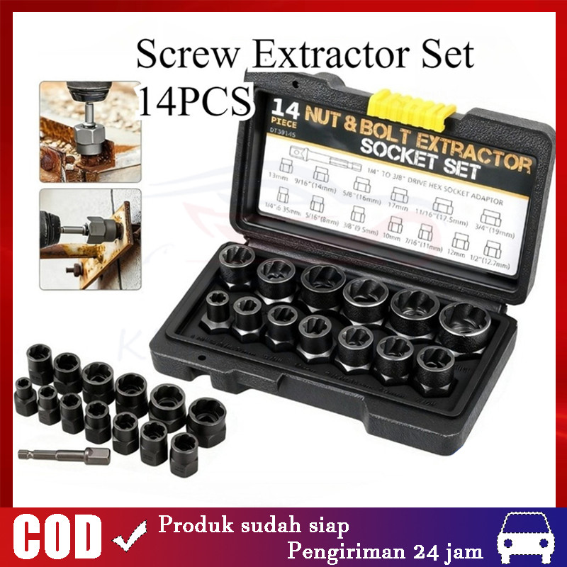 10 14 PCS Alat Pembuka Baut Mur Hex Rusak 6mm-19mm Set Kunci Ring pass Damaged Screw Bolt Nut Remove
