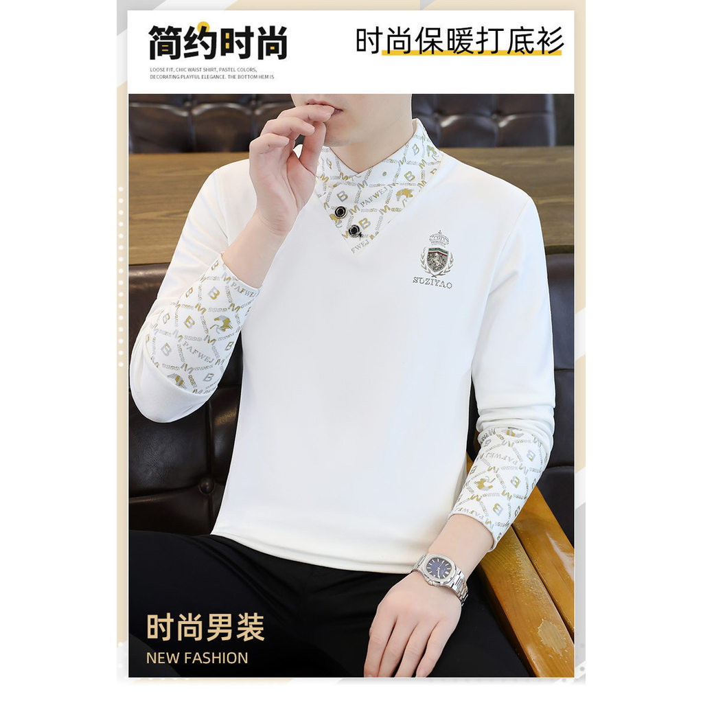 De Rong Kemeja Dasar Pria Kerah Setengah Tinggi Dua Potong Palsu