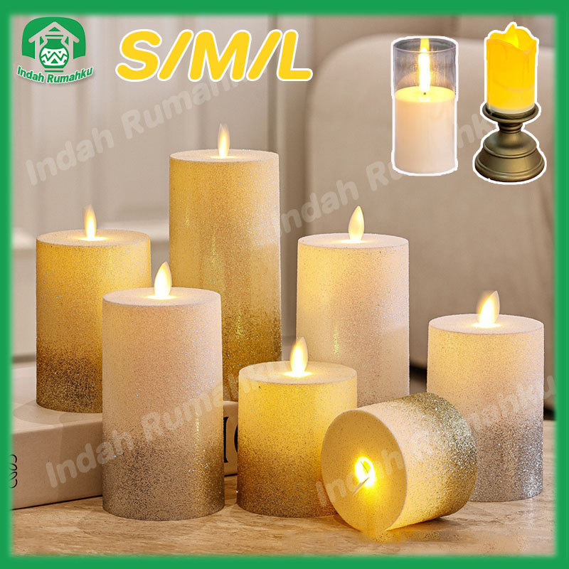 Lilin LED Glitter Romantis Pink Dan Gold Lilin Palsu Lilin Tanpa Asap Dekorasi Lampu LED Ramadhan