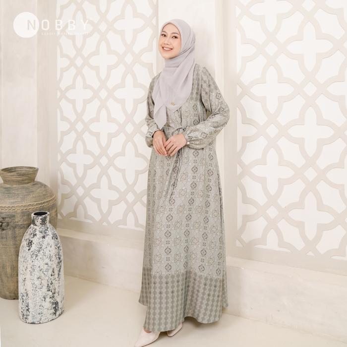 Promo Nobby Nandini Dress Gamis Muslim Wanita Bahan Satin Silk Motif Print Busui Friendly Soft Broka
