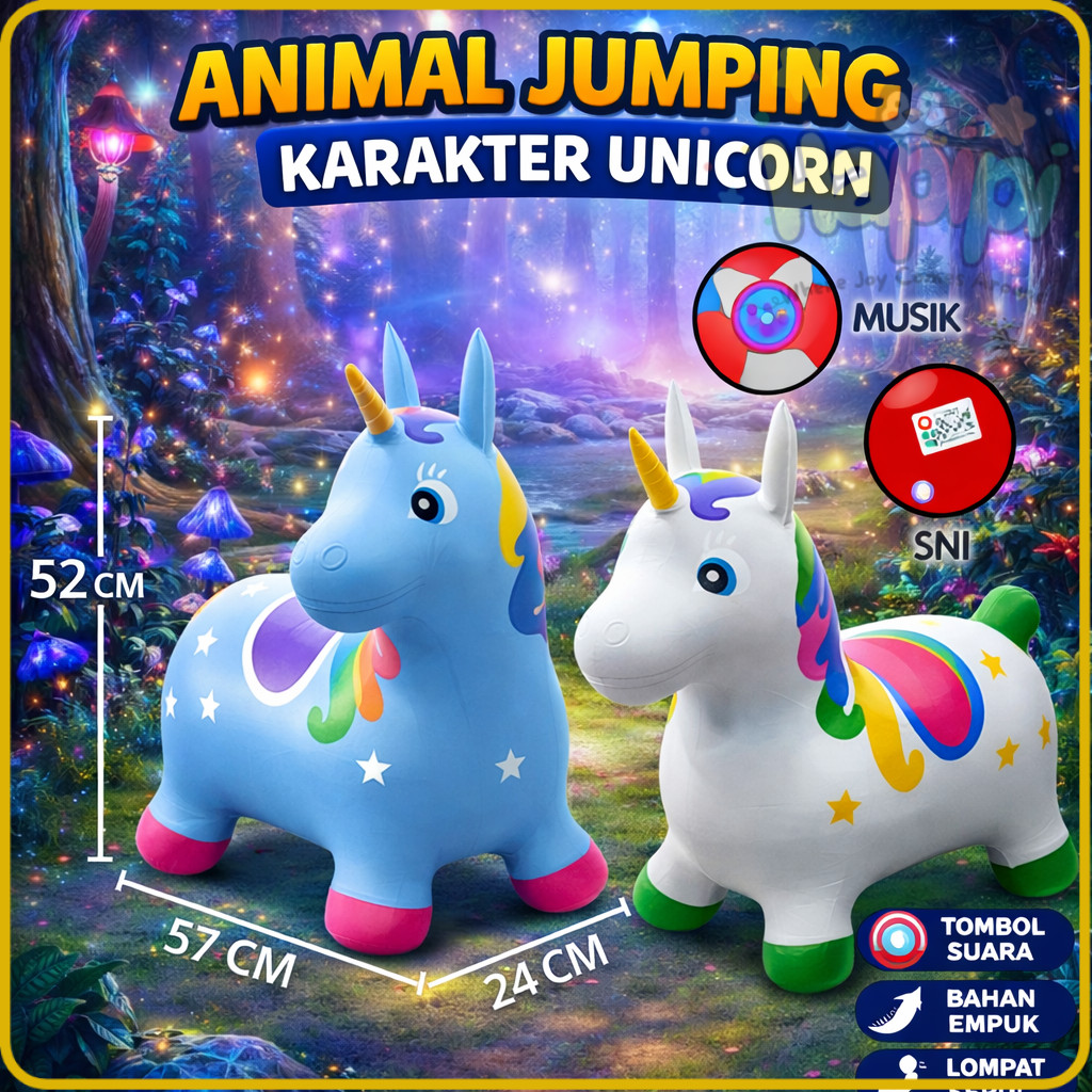 Mainan Anak Animal Jumping Karakter Unicorn Kuda Kudaan Karet Unicorn Suara Musik Lampu Inflatable