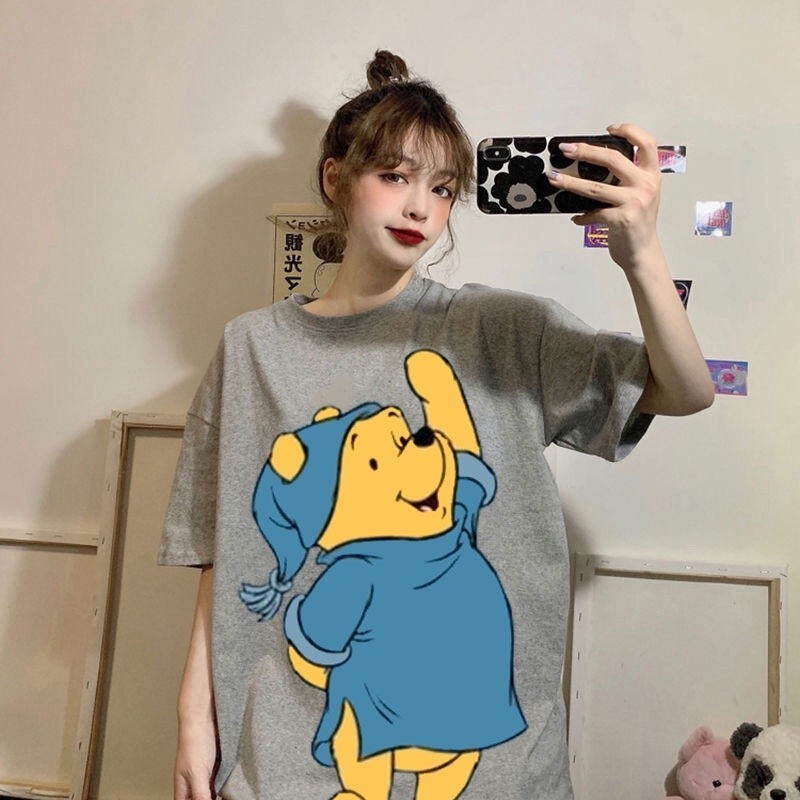 . Kaus wanita kartun Disney Winnie the Pooh, kaus kasual, atasan longgar, pakaian Harajuku Kawaii