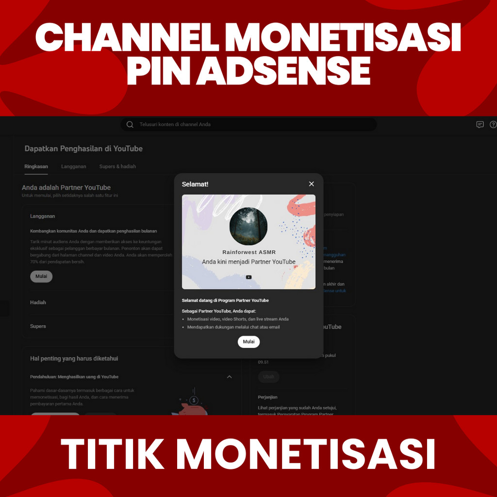 CHANNEL YOUTUBE MONETIASI SUDAH SEPAKET PIN